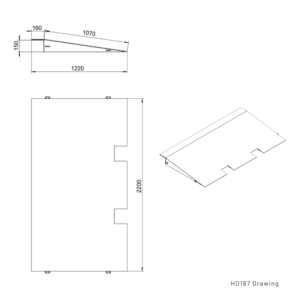 Technical drawing of a rectangular ramp with dimensions