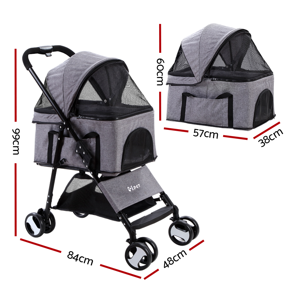 i.Pet 3-in-1 Foldable Pet Stroller Dog Carrier Mid Size - Grey