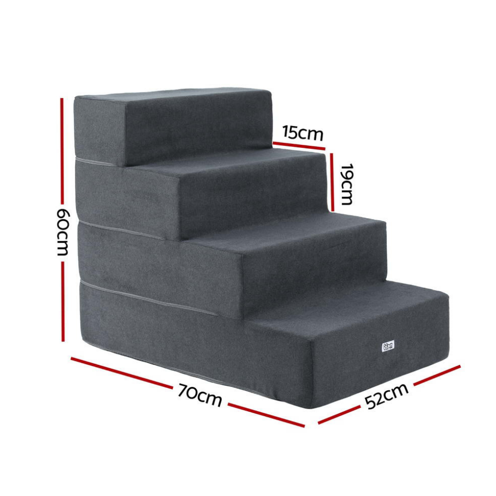 Set of four gray pet steps with dimensions indicated on a white background