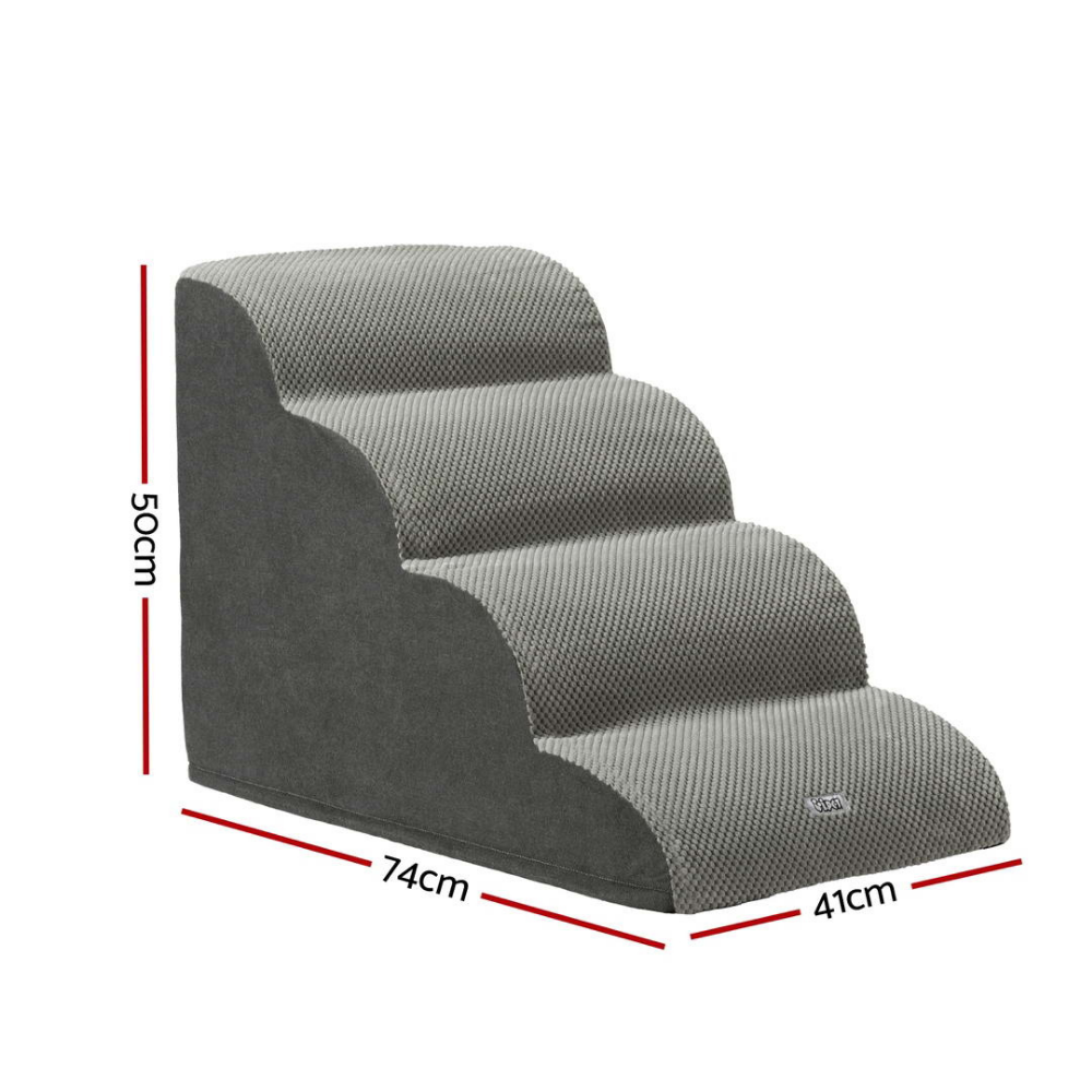 Gray pet stairs with dimensions on a white background