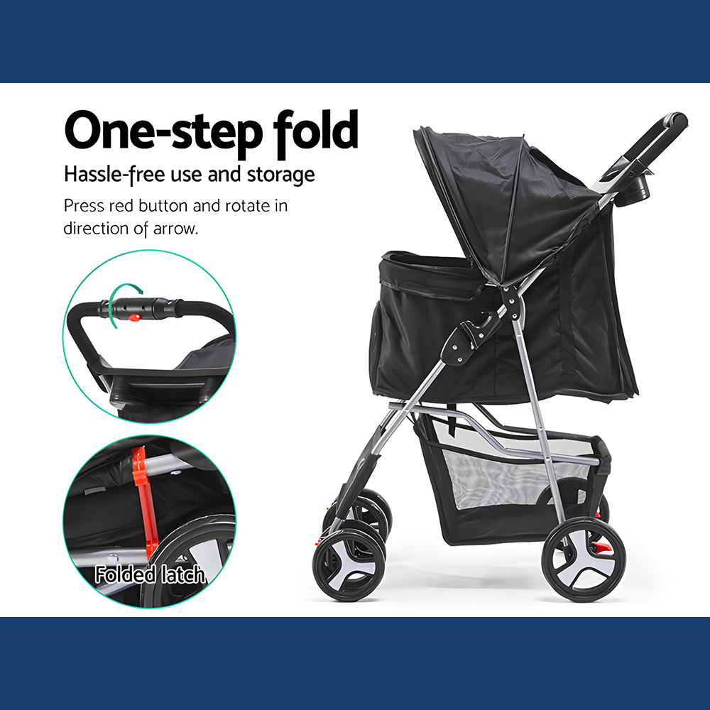 one step folded i.Pet 4-Wheel Foldable Pet Stroller - Black