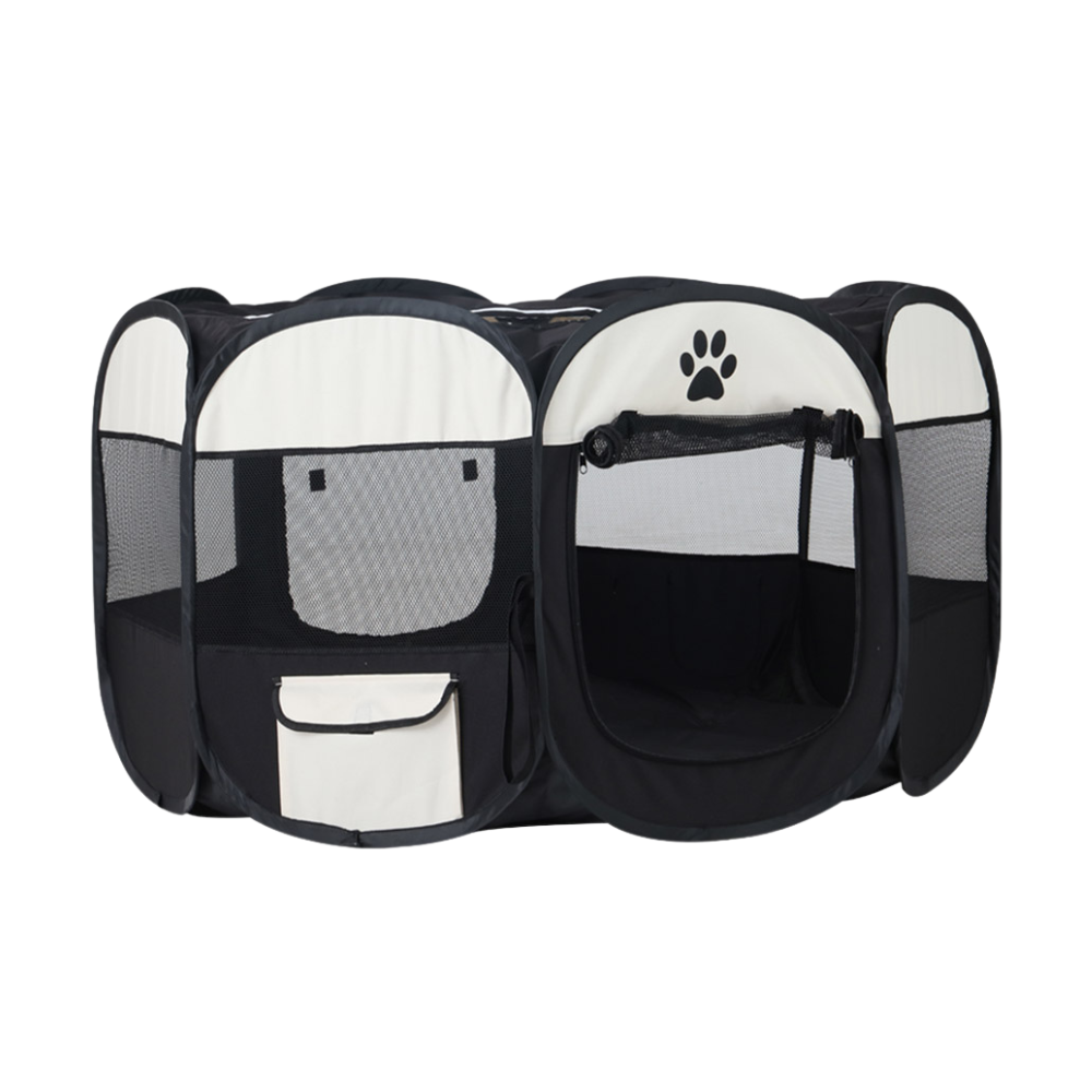 A black and white foldable pet playpen with a front mesh door and paw print design.