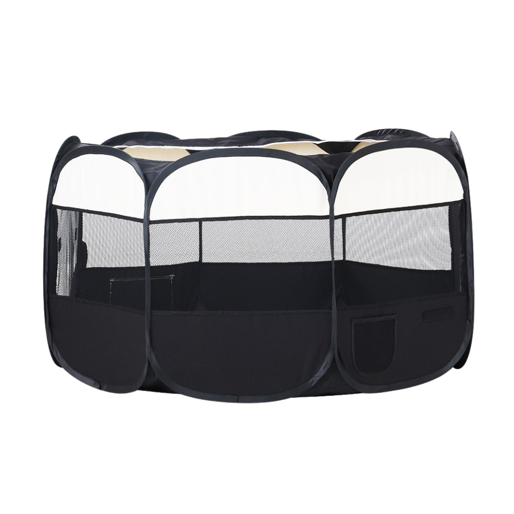 Side profile of the black and white pet playpen showing mesh panels and storage pocket.