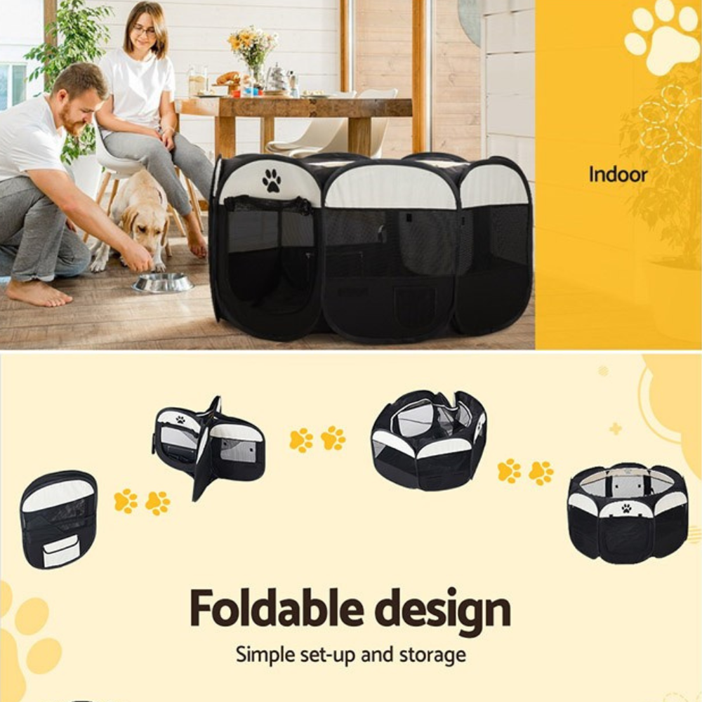 A couple feeding their dog next to the playpen, featuring “Foldable design” infographic showing setup sequence.