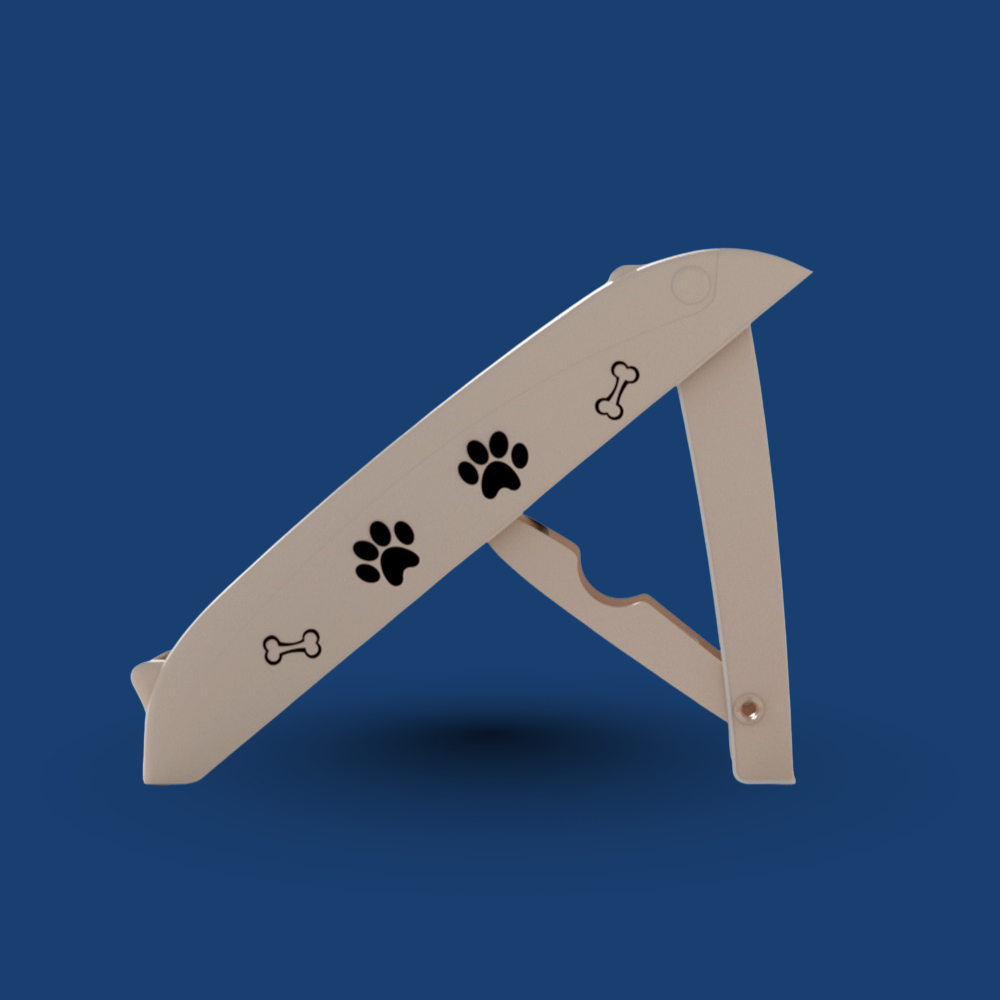 Beige folding dog ramp with paw and bone prints on a blue background