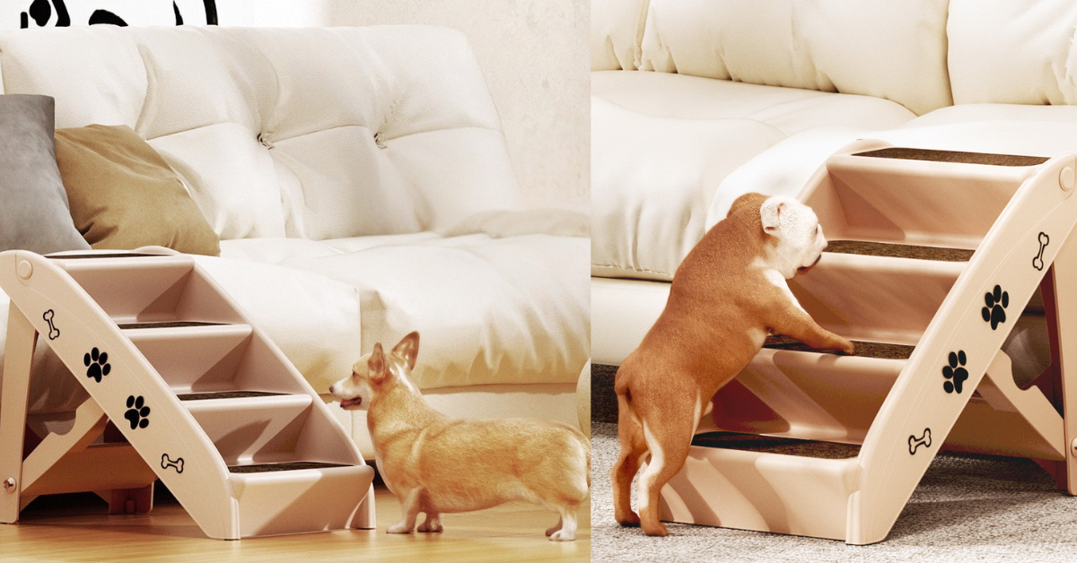 i.Pet Folding Dog Stairs for Beds, Sofas & Cars – Beige