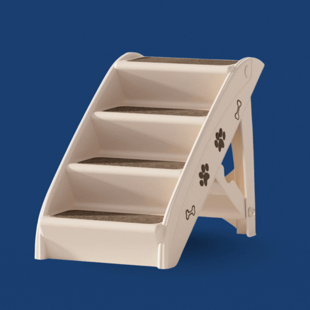 Beige folding pet stairs with four steps, brown treads, and side paw print accents on a blue background.