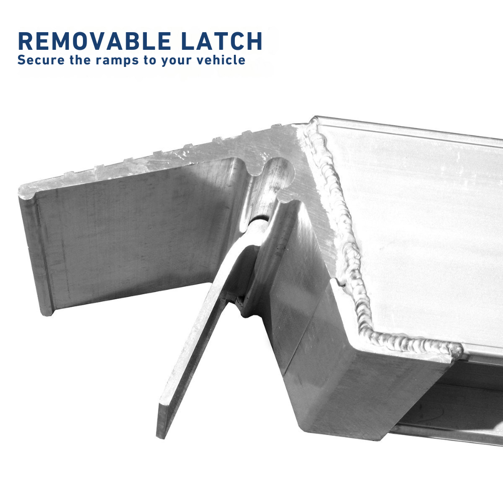 Close-up of ramp end showing the removable latch for secure positioning.