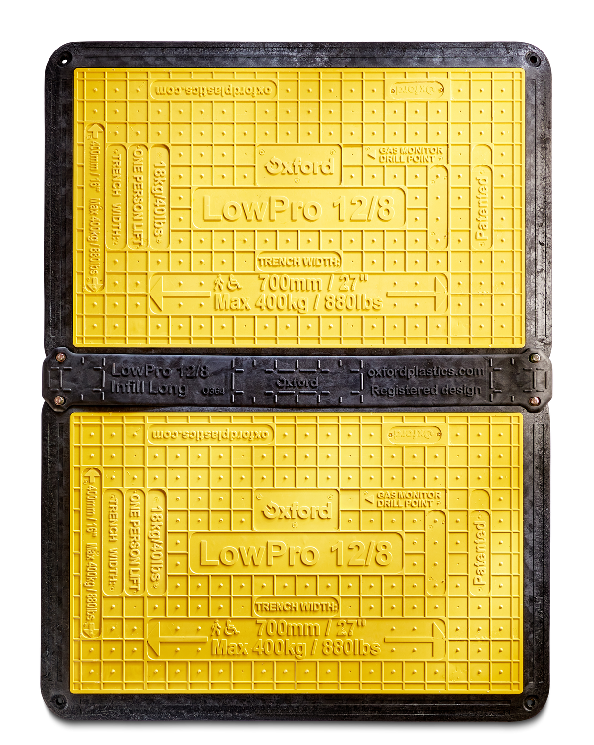 Two Oxford Plastics LowPro 12/8 trench covers with an infill strip