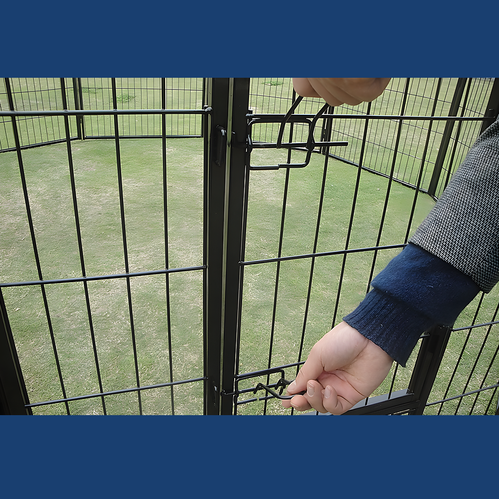 locking the door of New Aim 10 x 1200 Tall Panel Pet Exercise Pen Enclosure