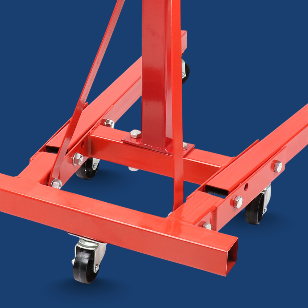 Red metal stand with wheels on a blue background