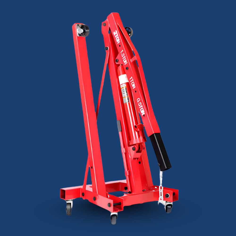 Red hydraulic jack on a blue background