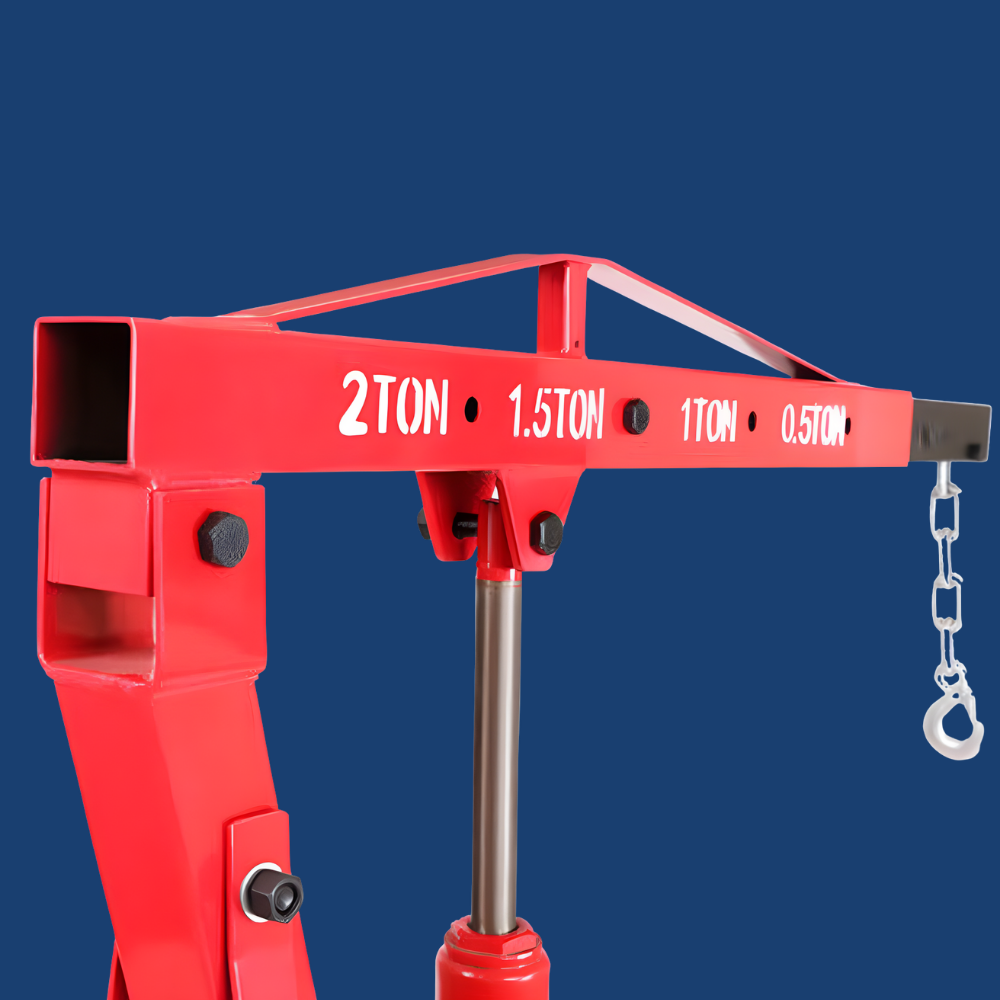 Red hydraulic lift with tonnage markings on a blue background