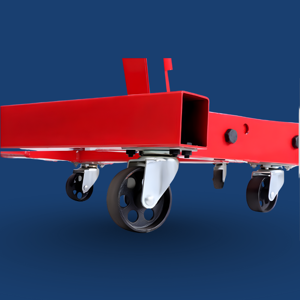 Red metal frame with wheels on a blue background