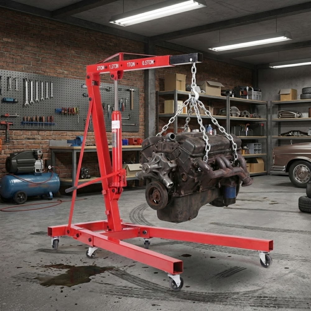 Red engine hoist lifting a car engine in a workshop setting.