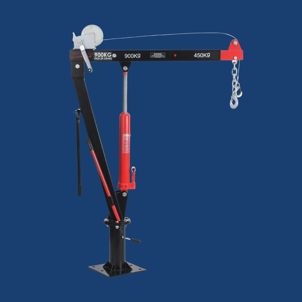 Small crane or lifting mechanism with red and black design on a blue background