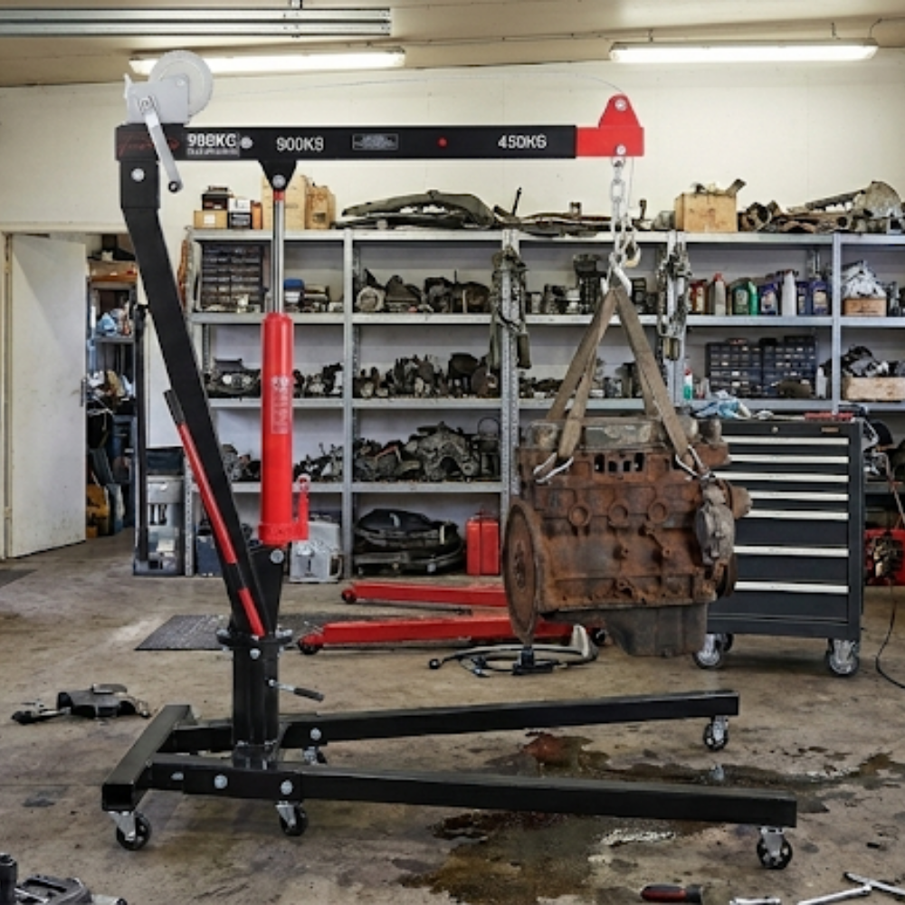 Mechanical lift in a workshop with tools and equipment in the background