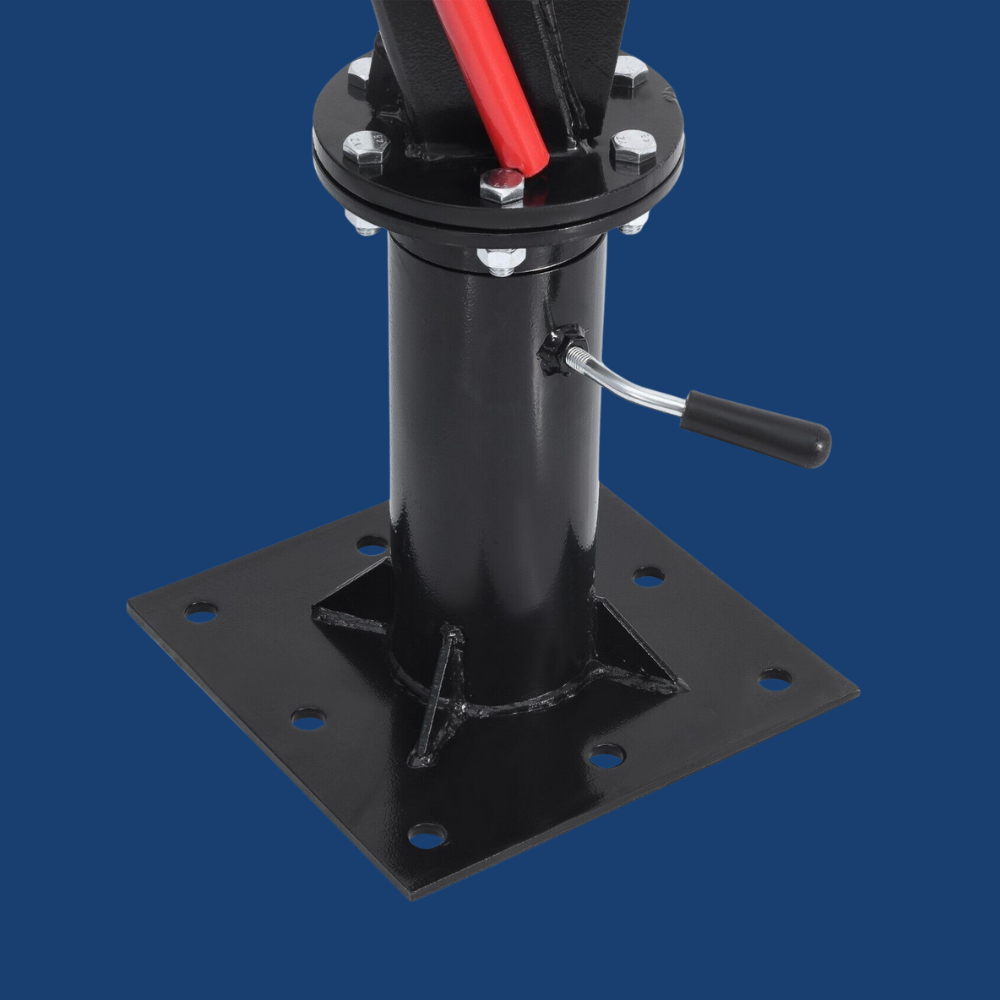 Black metal jack stand with red cable on a blue background