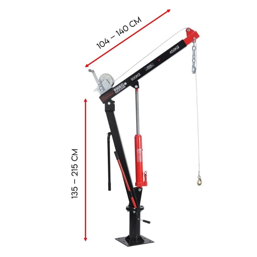 Portable crane with measurement indicators on a white background