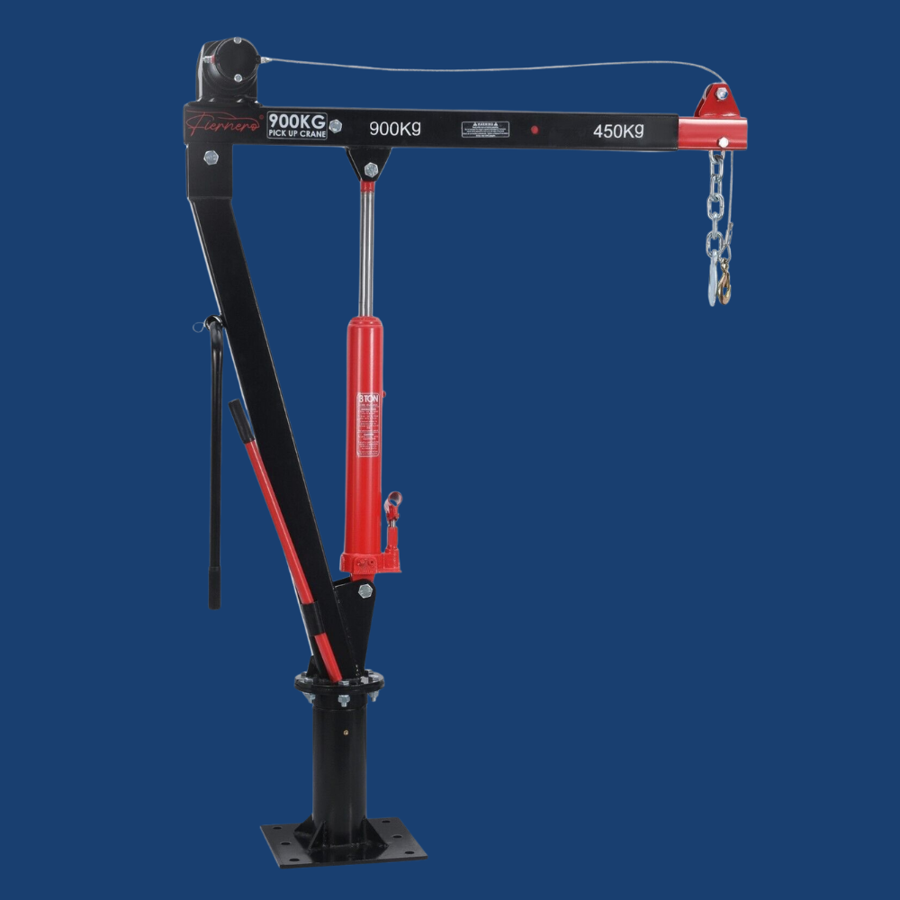 Pneumatic lift with red and black design on a blue background