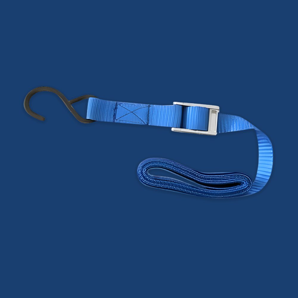 The bonus tie-down strap included with the ramps is shown separately. The strap is blue, equipped with a hook and buckle for securing loads effectively.