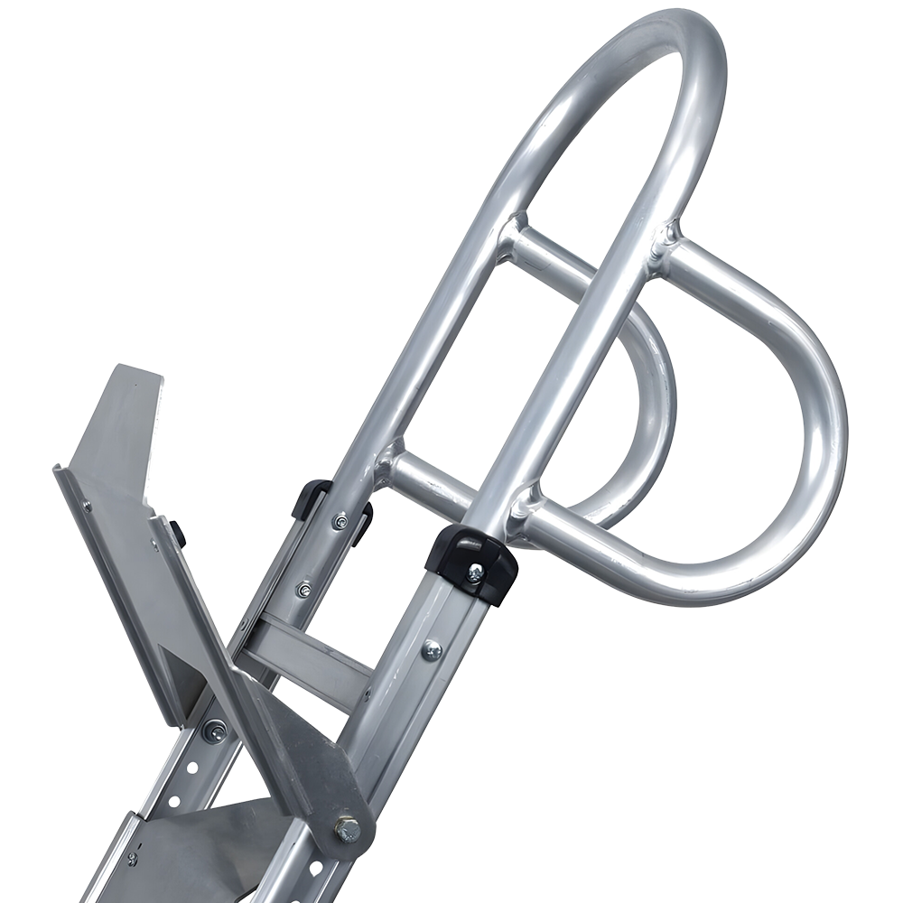 A close-up view of the handle area, highlighting the ergonomic grip and a built-in hook or securing mechanism, likely used to keep bottles in place during transport.