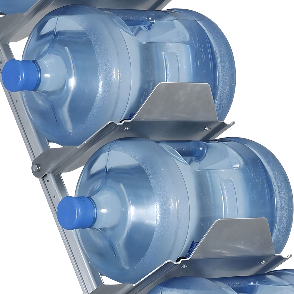 A detailed shot of the stacked water bottles, focusing on the support brackets that hold each bottle securely in place on the frame.