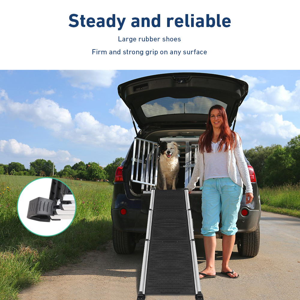 dog and the owner on the road showcasing the i.Pet Deluxe Aluminium Telescopic Pet Ramp - Black