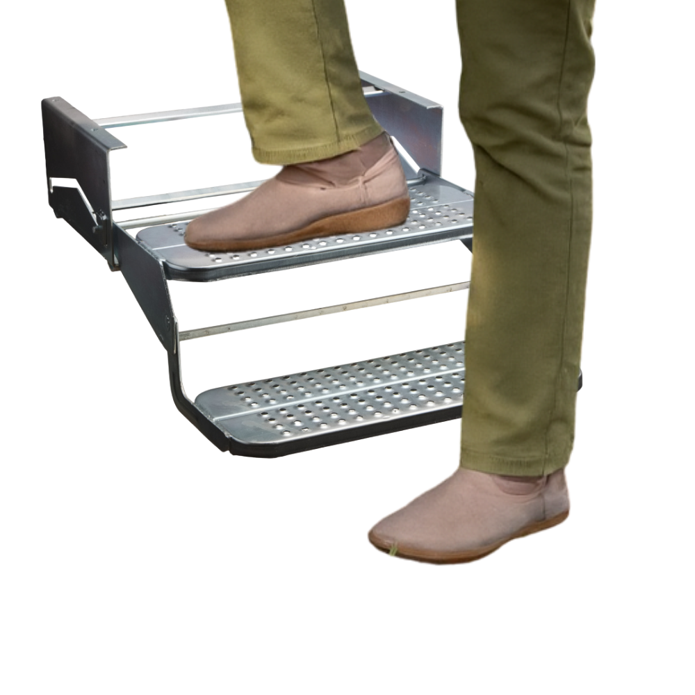 Person using a metal step stool on a white background