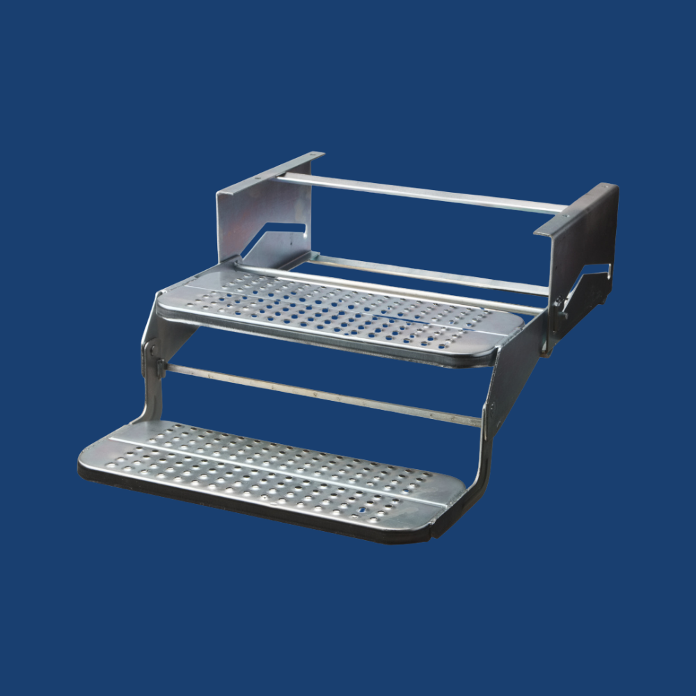 Metal step stool with two steps on a blue background