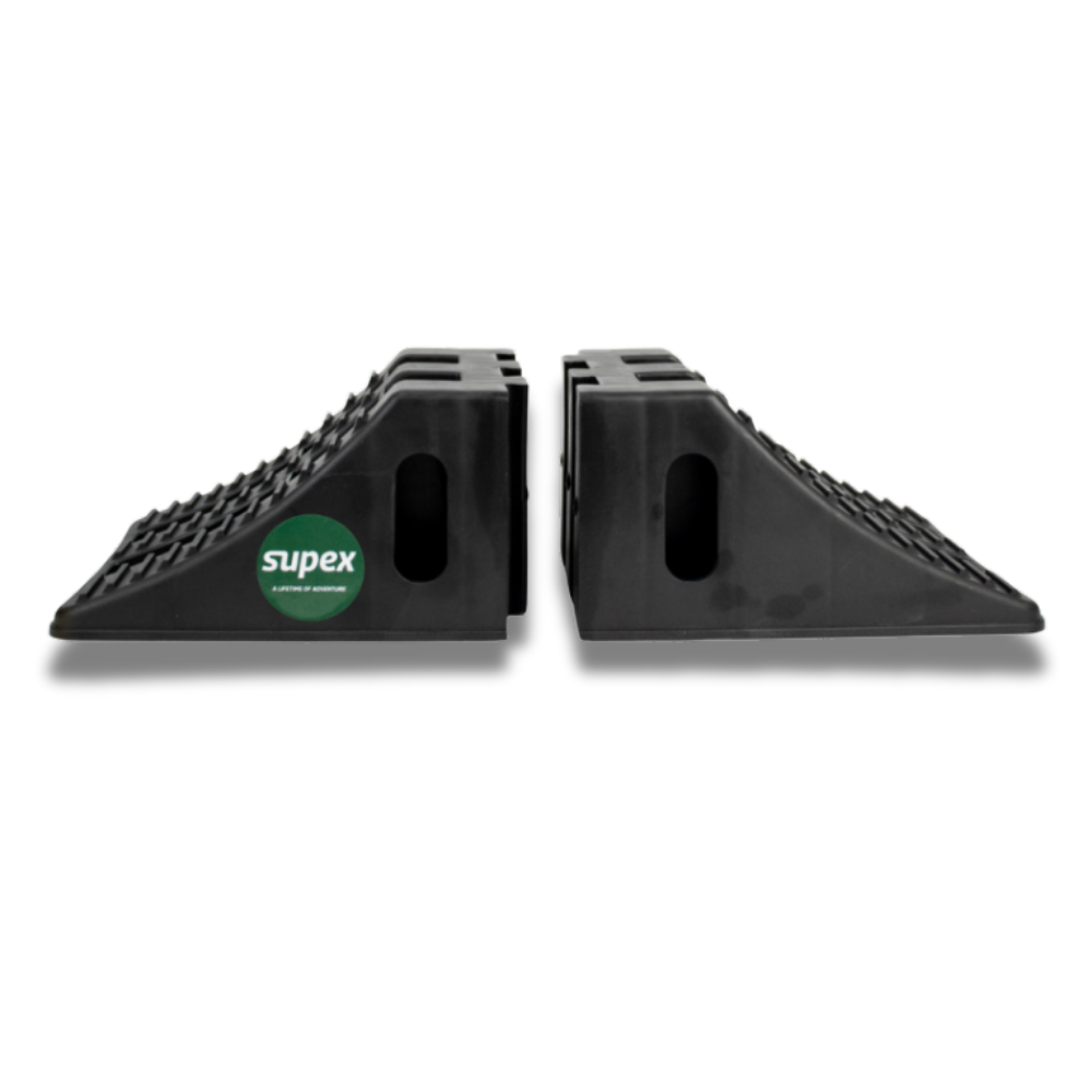 Two black rubber car ramps with Supex logo on a white background