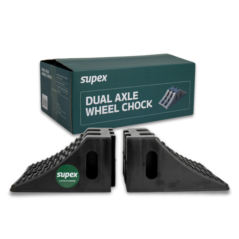 Supex dual axle wheel chocks with packaging on a white background