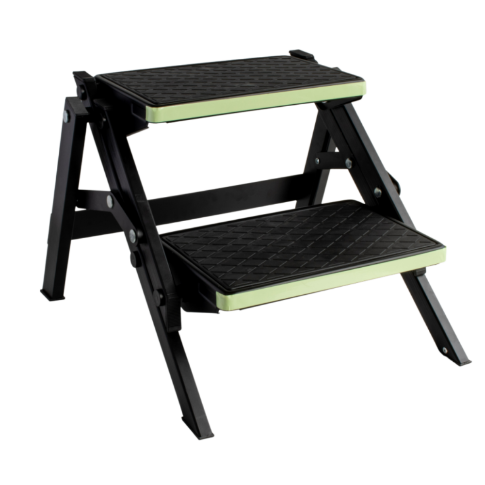 Black step stool with green edges on a white background