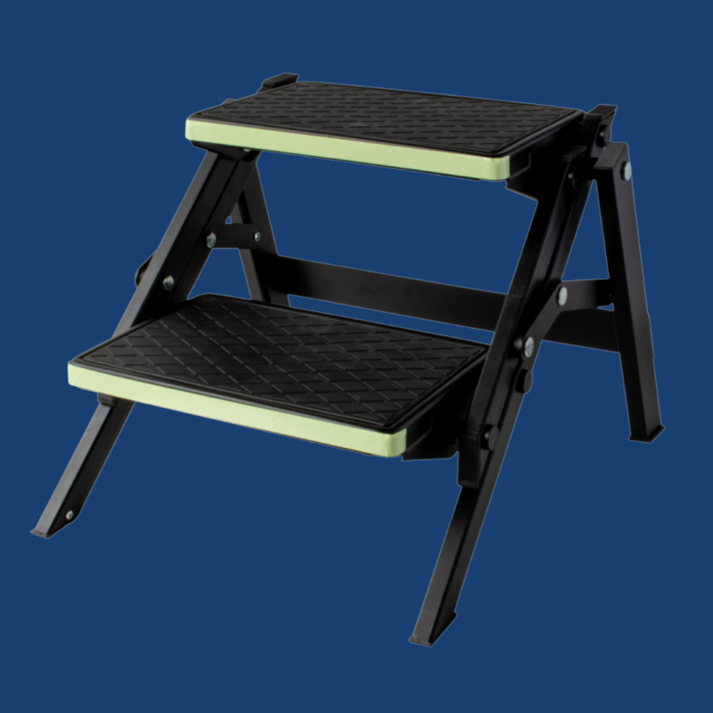 Two-step folding ladder on a blue background