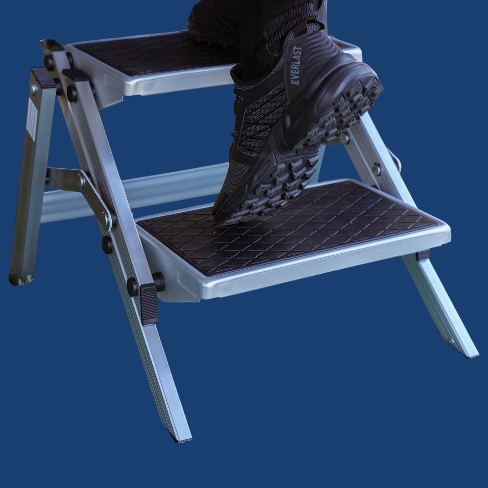 Step stool with a foot on it against a blue background