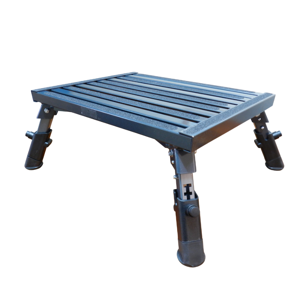 Portable work platform with adjustable legs on a white background