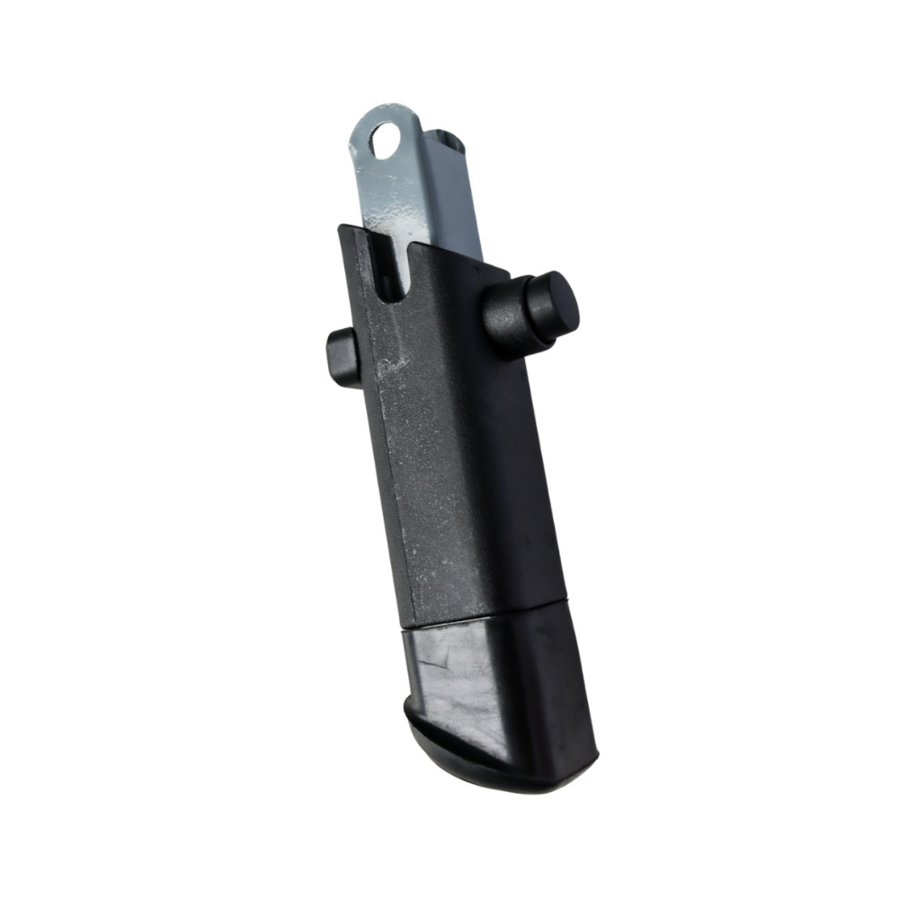 Black plastic component on a white background