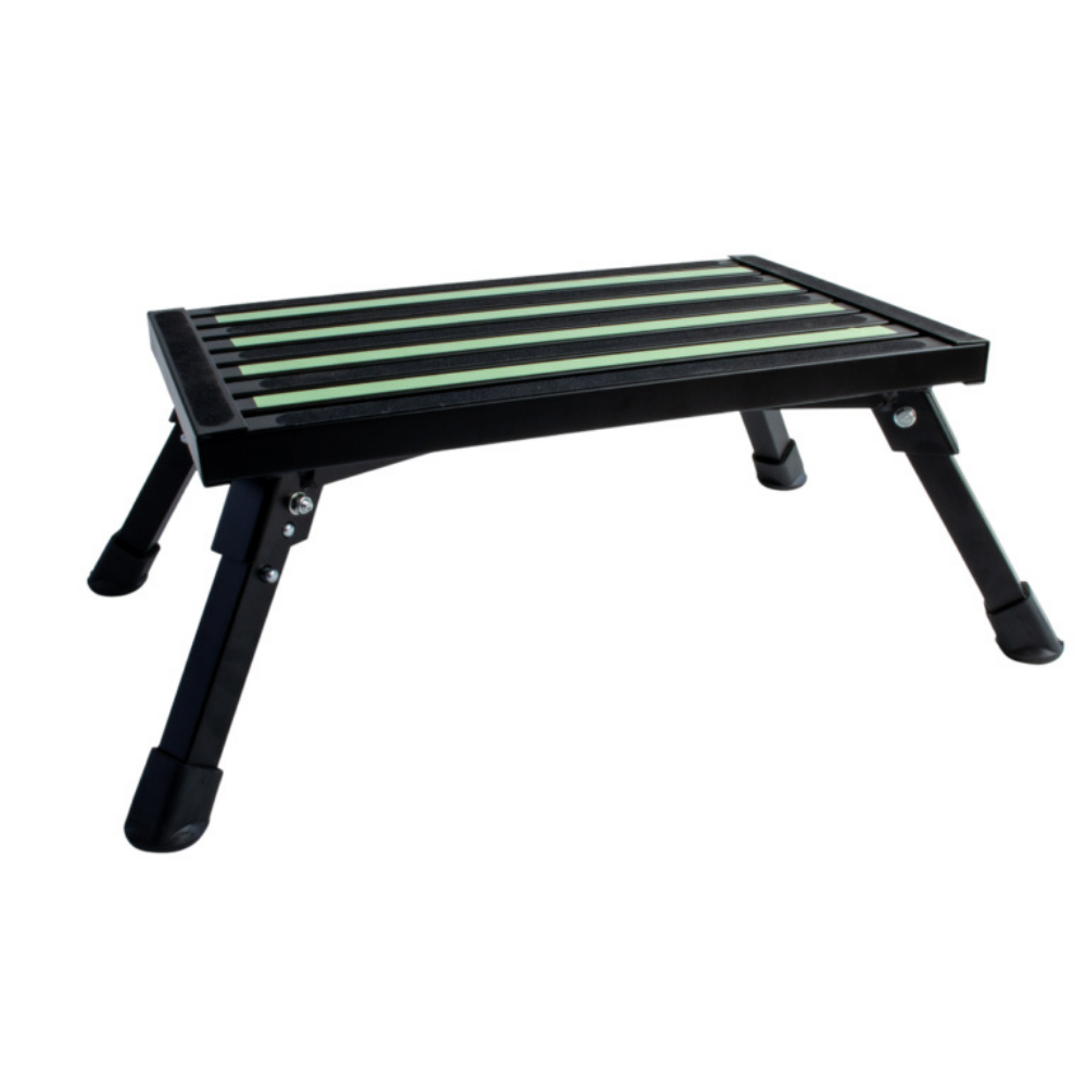 Black and green adjustable folding table on a white background