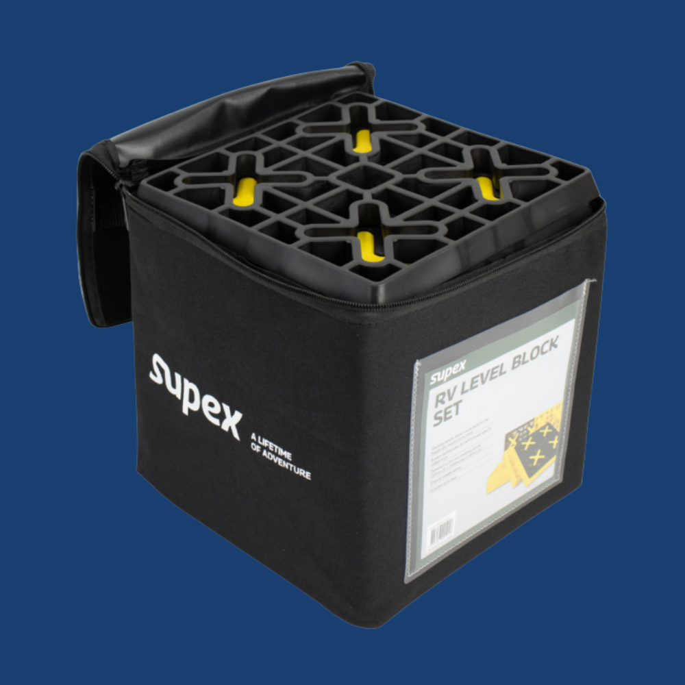 Supex RV level block set on a blue background