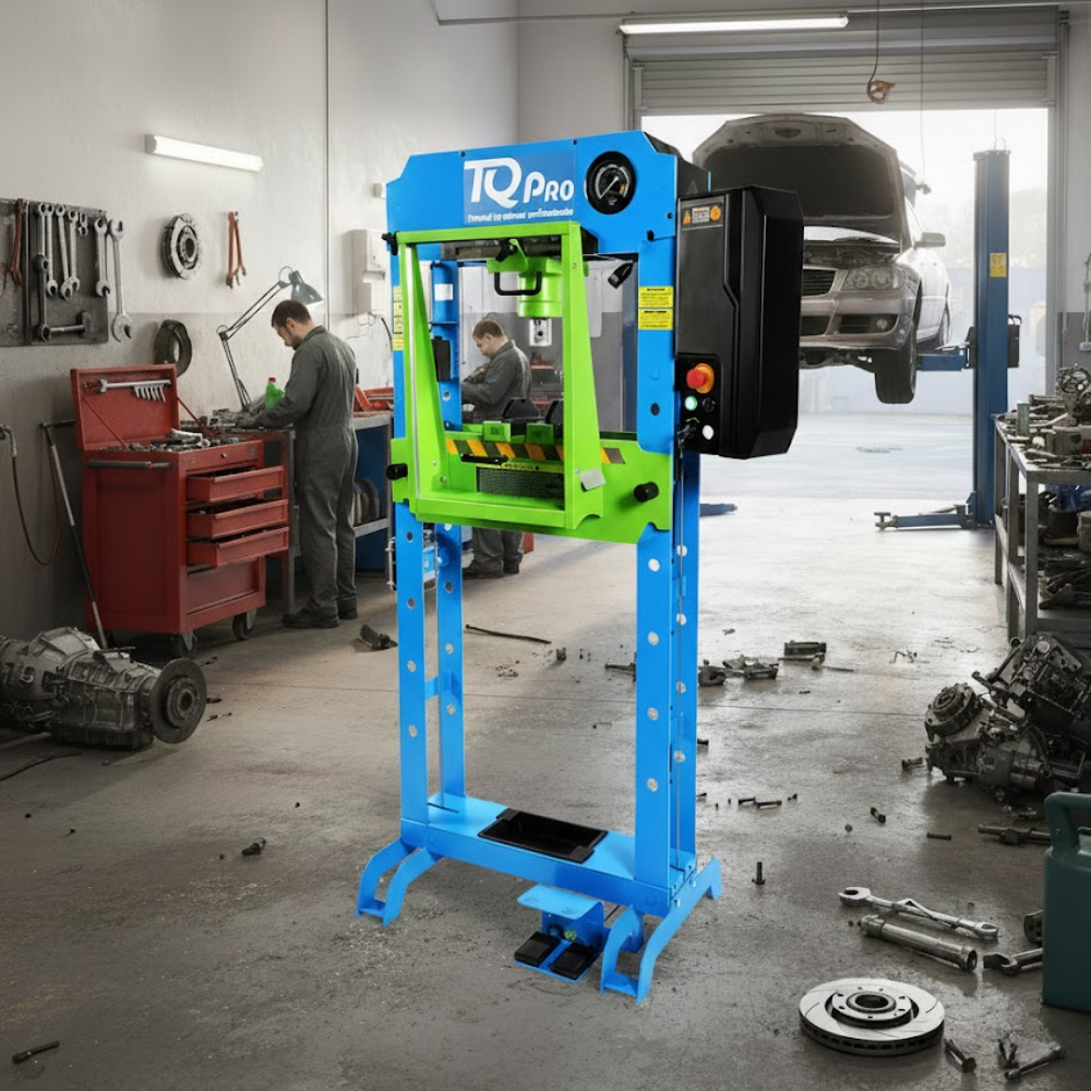 TQ Pro Expert Electric Hydraulic Press 30T Capacity in a mechanical shop