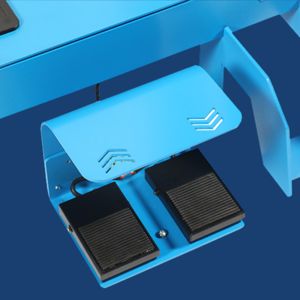 Blue foot pedal board with two black pedals on a blue background