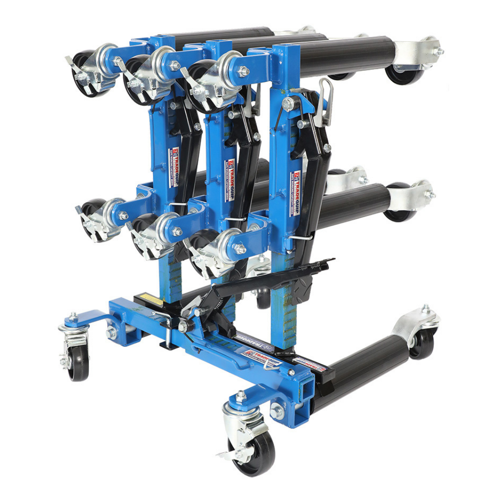 Side angle of TradeQuip 54T-R positioning rack, showing multiple roller arms extended for holding vehicle positioning jacks.