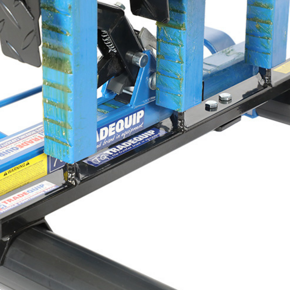 Close-up of base frame and branding, highlighting structural reinforcement and TradeQuip logo.