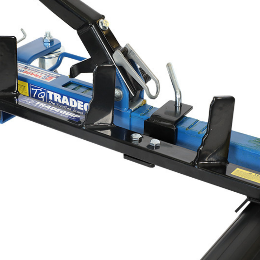 TradeQuip vehicle positioning rack (Model 54T-R) fully assembled and upright, with blue and black components and heavy-duty castor wheels.
