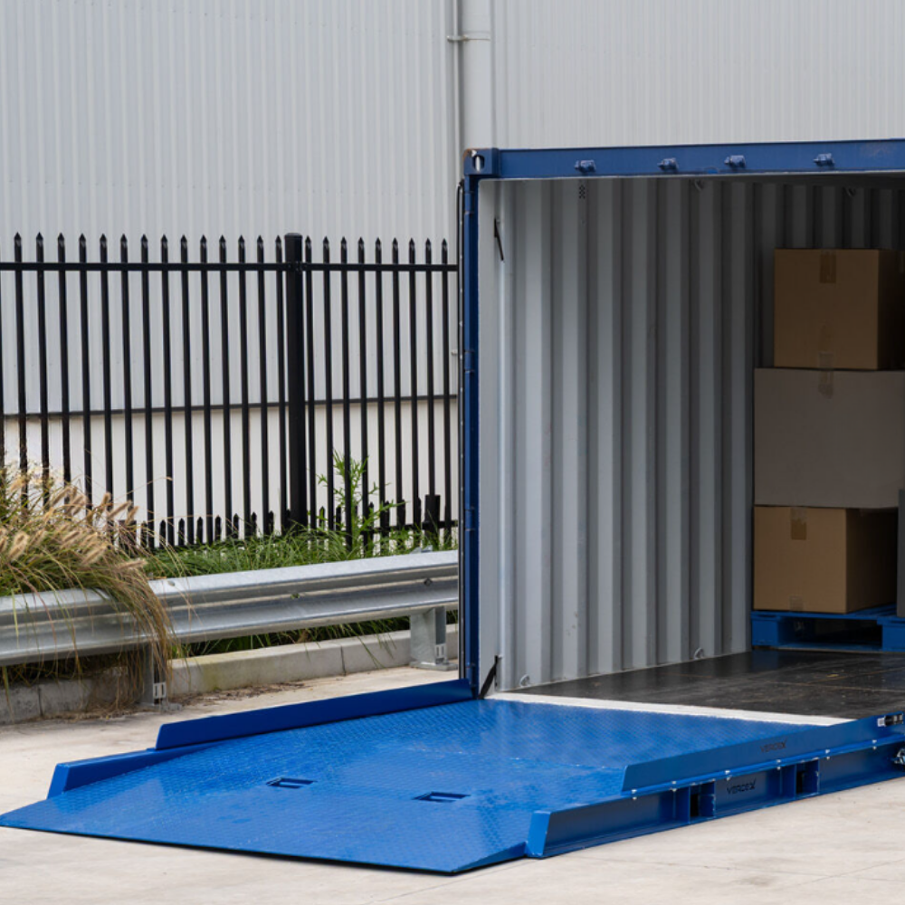 Troden 10-Tonne Extra Long Steel Container Ramp attached to the container