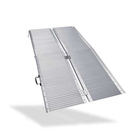 Aluminium folding wheelchair ramp displayed on a white background in a partially open position.