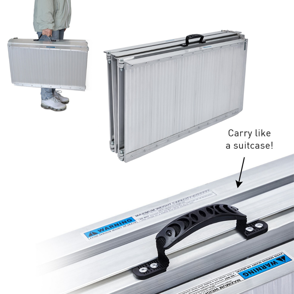 Folded ramp side view, illustrating compact design with carry handle and secure latches.