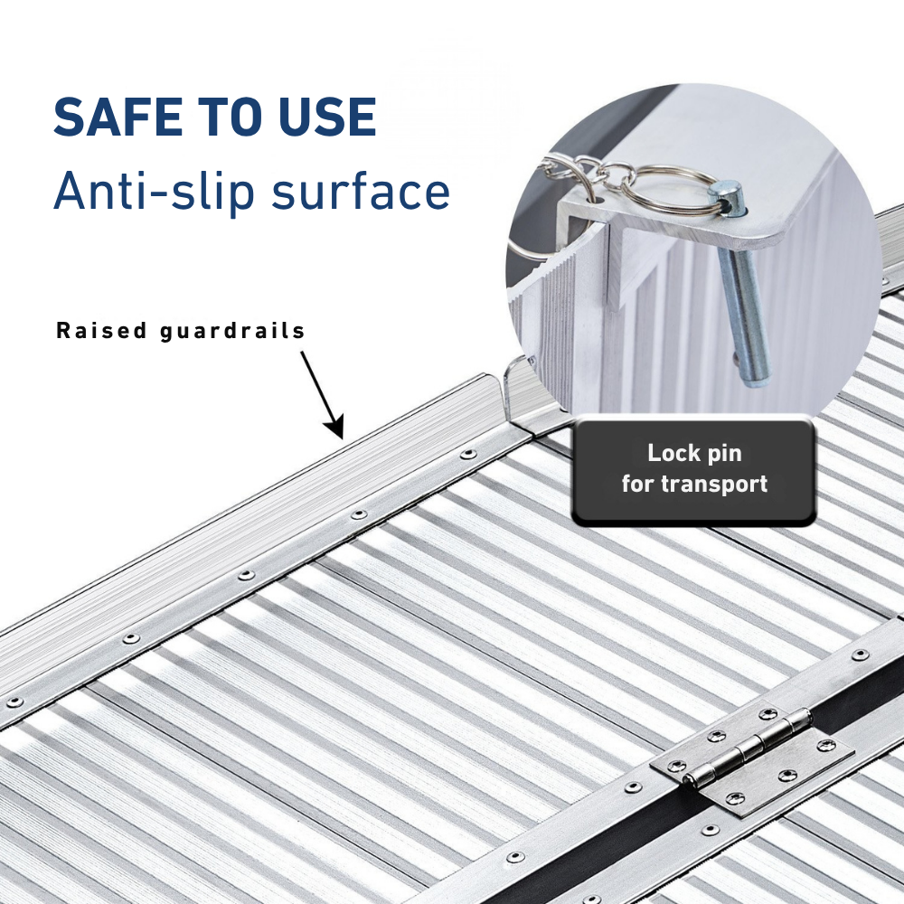 Close-up of anti-slip surface, labelled "SAFE TO USE", with arrow pointing to traction detail.