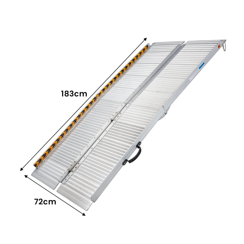 Straight side view of fully unfolded ramp, with width and height dimensions labelled.