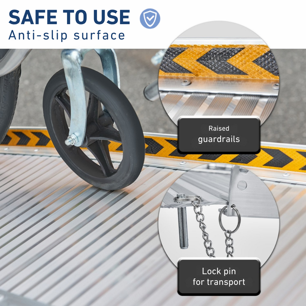 Infographic showing ramp in use with callouts for safety grip surface, locking pin, and secure chain system.